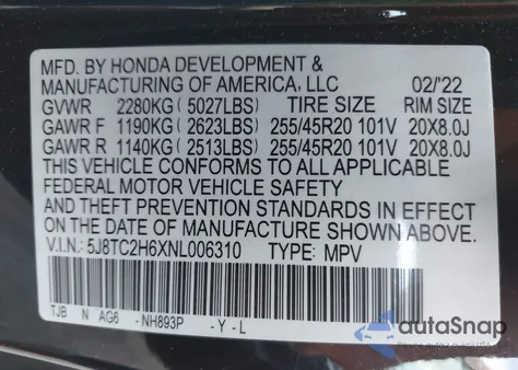 2022 Acura Rdx A-Spec Package from USA, damaged, VIN 5J8TC2H6XNL006310